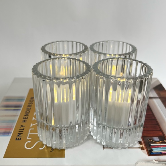 Ribbed Glass Candle Holder Set of 4 Clear Heavy Chic Holiday Home Decor - Picture 12 of 14
